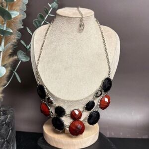 Erica Lyons Statement Necklace | Black + Red Marbled Acrylic | Silver 20"